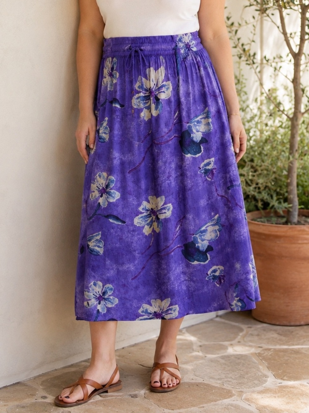 Papillon Rayon Maxi Midi Skirt XL Boho 90s Style Drawstring Waist Purple Floral